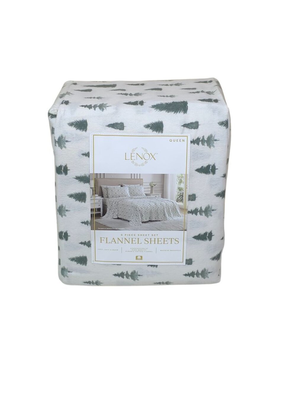 Lenox 6-Piece Queen Flannel Sheet Set Pine Trees Green 100% Cotton Warm & Cozy